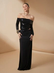 Lumalex 秋冬季感恩节新年狂欢节正式舞会新年夜一件式派对/约会/假日弹力优雅百搭上衣 - 黑色 - 查看 1