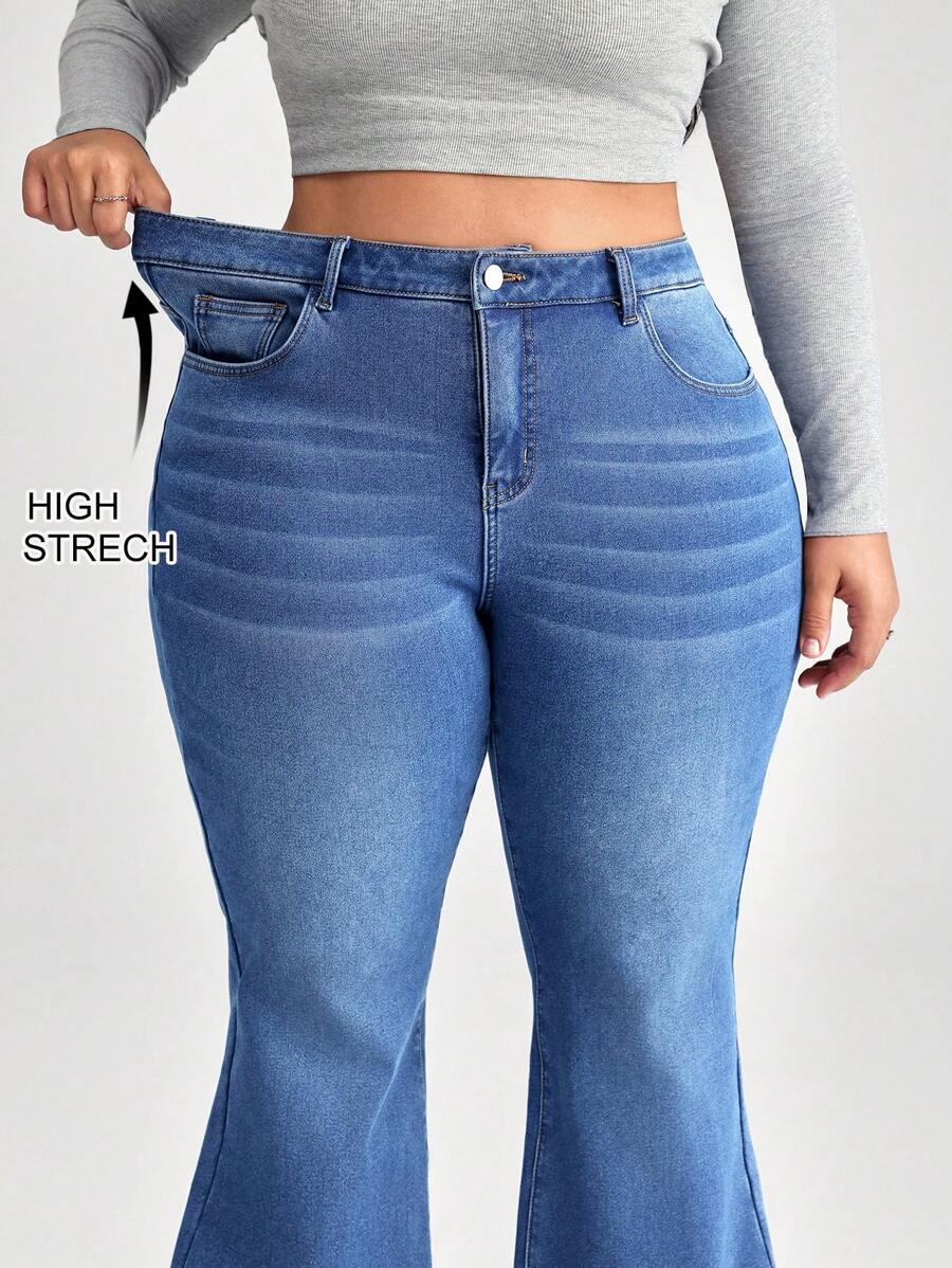 SHEIN CURVE+ Blue Plus Size Jeans Skinny Stretch Flared Pants Comfortable And Versatile - Medium Wash - View 1