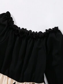 SHEIN 青少年女孩优雅荷叶边下摆长袖连衣裙配腰带，适合日常、节日派对、舞会、假日、夏季、旅行 - 黑色 - 查看 4