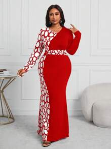 SHEIN Lady Plus Size Women Black & Contrast Geometric Pattern Fitted Fishtail Hem Dress, For Business/Professional