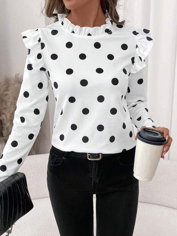 SHEIN Clasi Tricou de damă, la modă, versatil, elegant, negru, alb, cu mâneci tip șapcă cu volane, toamnă/iarnă