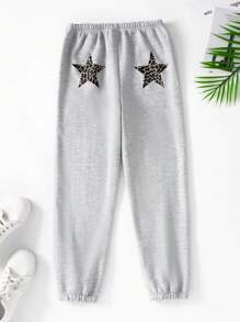 SHEIN 小女孩浅灰色豹纹星星图案运动裤，舒适又保暖 - 灰色 - 查看 1