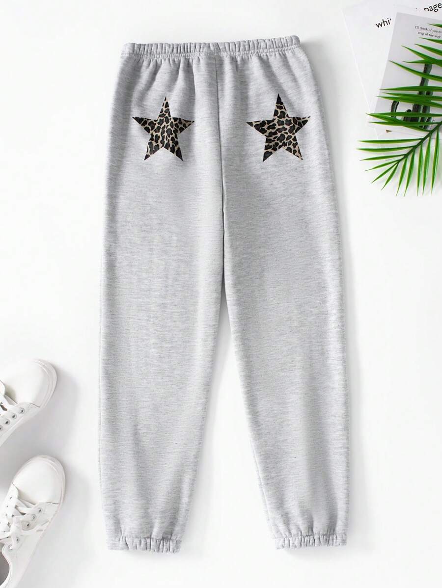 SHEIN 小女孩浅灰色豹纹星星图案运动裤,舒适又保暖 - 灰色 - 查看 1