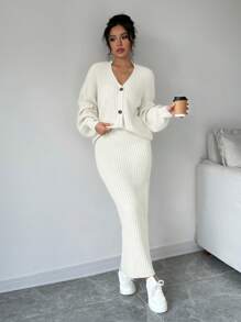 Elenzga Bộ 2 món: Áo len cardigan trễ vai màu trơn đơn giản và chân váy, Thu/Đông - trắng - Xem 4