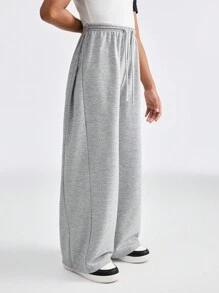 SHEIN Pantalón de chándal informal con cintura con cordón y pierna ancha de color gris para niña preadolescente