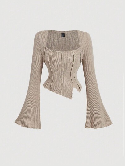 SHEIN MOD T-shirt col rond à manches longues pour femme, t-shirt décontracté ajusté en tricot côtelé brossé