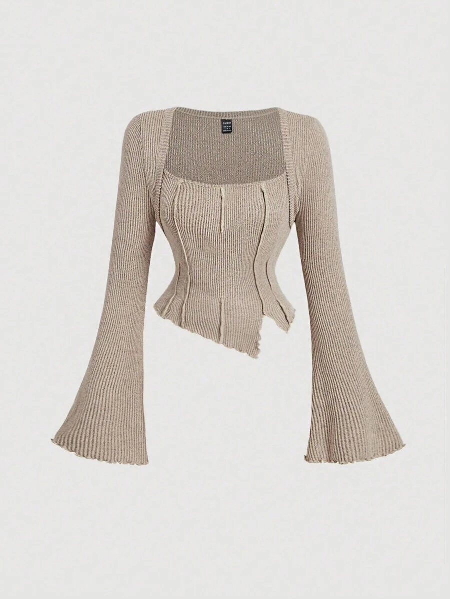 SHEIN MOD 女士圆领长袖T恤，磨毛罗纹针织修身休闲T恤 - 卡其色 - 查看 1