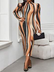 SHEIN Lady 秋冬季优雅彩色针织立领直筒羊腿袖中长袖大码连衣裙 - 彩色 - 查看 3