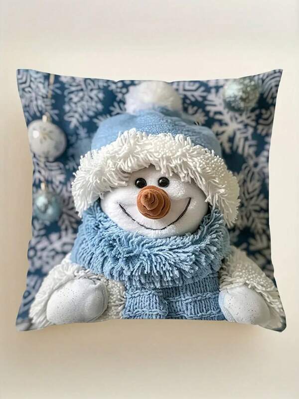 Funda de almohada encantadora con diseño de muñeco de nieve y árbol de Navidad - 17.7" cuadrados, impresión digital, cierre con cremallera - perfecta para decoración de sofá y dormitorio, decoración navideña