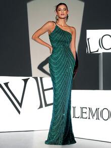 Vestido formal asimétrico cuello con fruncido y lentejuelas, vestido de gala elegante para fiesta de graduación, cena o eventos, vestido de invitada de boda - Verde Oscuro - Ver 3