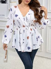 SHEIN Clasi Plus Size Elegant Floral Print Blouson Sleeve Cinched Waist Shirt - White - View 1