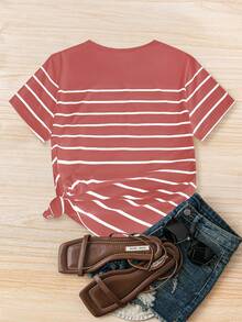 Flirla Camiseta de manga corta de cuello redondo a rayas de talla grande - Rosado Sandía - Ver 2