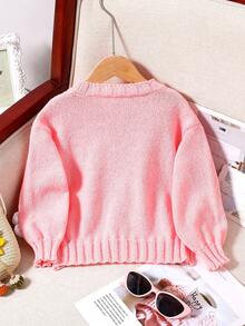 Girls Lightweight Spring/Summer Floral Embroidered Round Neck Long Sleeve Knitted Sweater - Pink - View 2