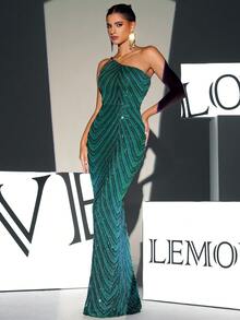 Vestido formal asimétrico cuello con fruncido y lentejuelas, vestido de gala elegante para fiesta de graduación, cena o eventos, vestido de invitada de boda - Verde Oscuro - Ver 5