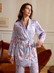 Becci 设计师女士淡紫色花卉印花缎面蝴蝶结睡袍，适合节日穿着