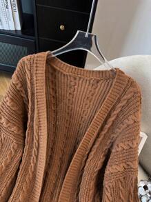 SHEIN CURVE+ Áo khoác len cardigan dài tay họa tiết đan dây thừng có túi cỡ lớn cho nữ, dành cho mùa đông - màu nâu - Xem 4
