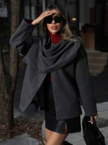 SHEIN Black Friday x Star Picks Aveloria Modichic Elegant European Style Business Casual Wide Scarf Collar Loose Fit Jacket, Versatile For Autumn/Winter Wear  - Dark Grey - View 1