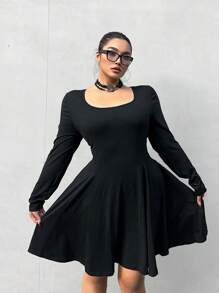 Flirla Plus Size Solid Color Crew Neck Elegant Long Sleeve Dress Fall Cloth For Women