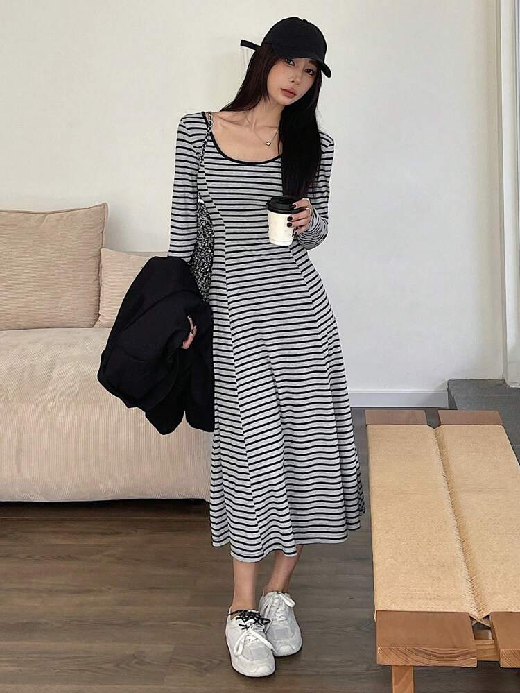 Vestido Longo Ajustado de Manga Longa com Decote em V Profundo e Listras, Roupas de Outono para Mulheres