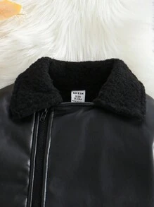 女婴厚拉链皮夹克，摩托领，长袖，黑色 - 黑色 - 查看 5