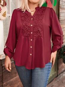 Plus Size Women Fall Plain Color Contrast Lace V-Neck Cuffed Sleeve Casual Blouse - Burgundy - View 1