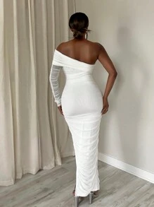 Slaydiva Elegant Party/Date Ruffled Open Shoulder Mesh Bodycon Dress For Women - EE - White - View 2