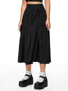 ROMWE Versatile Solid Color Drawstring Waist With Big Pockets A-Line Midi Skirt
