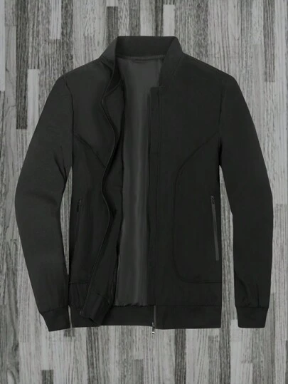 Manfinity Homme Plus Size Men's Solid Color Front Zip Long Sleeve Pocket Casual Jacket