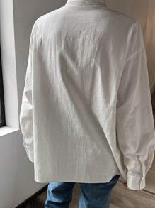 DAZY 宽松纯色蕾丝口袋长袖翻领女士衬衫，秋装 - 白色 - 查看 2