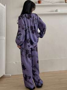 DAZY Floral Print Loose Tie Neck Pajama Set - Purple - View 2