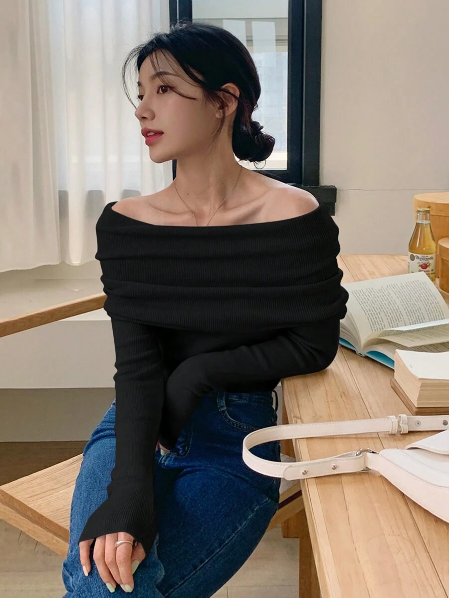 DAZY 1pc Women Off-Shoulder Solid Tight Collar Sweater For Autumn Off Shoulder Sweater,Long Sleeve Tops,Fall Women Clothes - Black - View 1