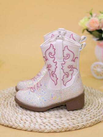Children Boots, Girls Tall Boots, Mid-Calf Boots, Embroidered High Heel Boots, Western Cowgirl Boots, Pointed Toe Side Zipper
