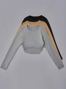 Chiquease 3pcs/Set Women Solid Color Round Neck Long Sleeve Casual T-Shirts, Autumn