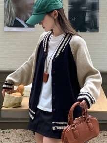 DAZY 女士休闲拼色纽扣门襟插肩袖开衫，适合秋冬季 - 彩色 - 查看 7