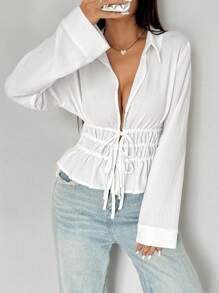 SHEIN EZwear 女士纯色前系带长袖休闲衬衫 - 白色 - 查看 5