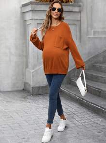 SHEIN 孕妇落肩口袋贴片长袖针织毛衣，适合冬季 - 鏽棕色 - 查看 3