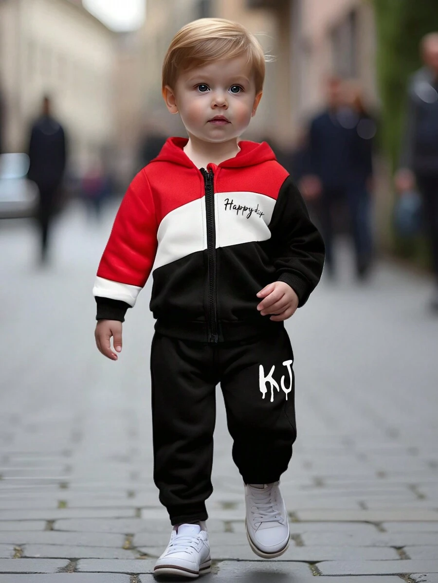 2pcs/Set Baby Boy Casual Letter Print Color Block Zip Up Hooded Jacket & Sweatpants Outdoor Fall/Winter Outfits - Multicolor - View 1