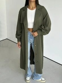 SHEIN Privé 休闲时尚街头宽松灯笼袖纽扣装饰中长款风衣 军绿色 秋冬 - 軍綠色 - 查看 5