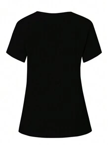 PopScrub Women's Solid Color V-Neck Short Sleeve Pocket Casual Nursing Uniform Scrub Top - Black - View 2