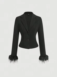 SHEIN MOD Women Black Fitted Blazer Jacket With Feather Trim Cuffs, Autumn - Black - View 1