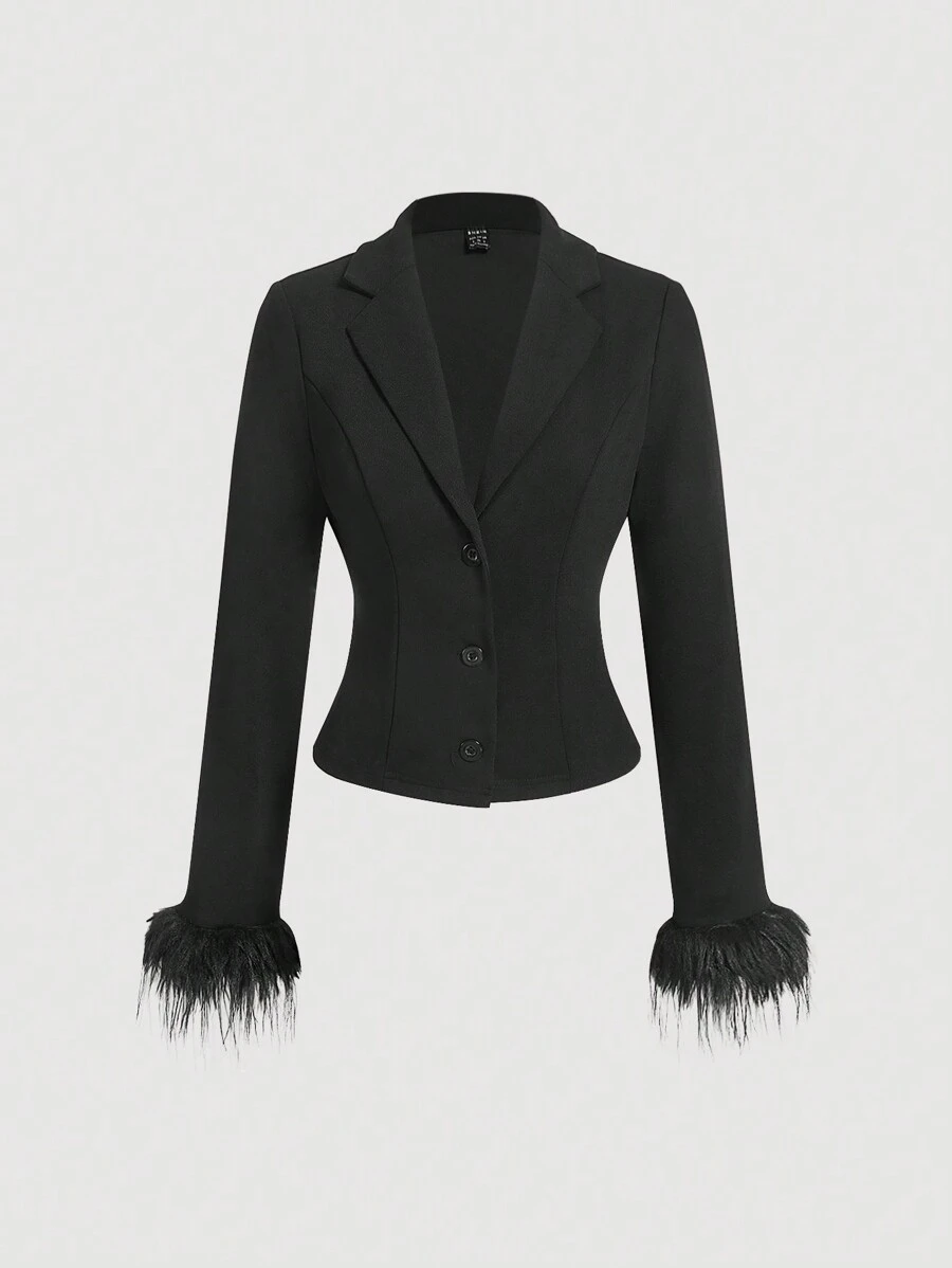 SHEIN MOD Women Black Fitted Blazer Jacket With Feather Trim Cuffs, Autumn - Black - View 1