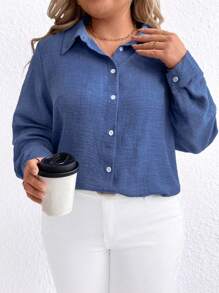 SHEIN CURVE+ Extra Plus Size Casual Solid Color Long Sleeve Shirt, Autumn - Blue - View 1