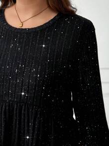 SHEIN LUNE Plus Size Kobiety Jesień/Zima Święta Impreza Długi Rękaw Brokat Casual T-shirt Boże Narodzenie - Czarne - Zobacz 4