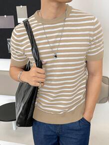 Manfinity RebelGame Men's Short Sleeve Striped Knit Round Neck Sweater - Khaki - View 1