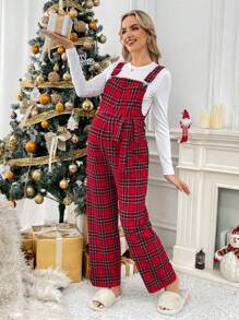 SHEIN Bộ đồ liền quần in họa tiết kẻ caro cho bà bầu không có áo - Đỏ - Xem 5