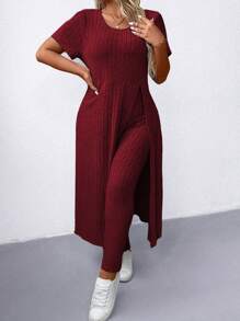 SHEIN LUNE 大码纯色罗纹开叉圆领短袖上衣和长裤优雅两件套，适合感恩节 - 酒紅色 - 查看 4