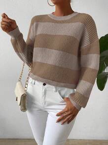 Chiquease 1pc Women Striped Dropped Shoulder Round Neck Casual Pullover Sweater, Autumn/Winter - Multicolor - View 5