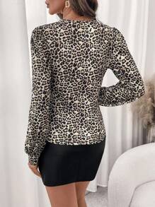 SHEIN Clasi 女士撞色蕾丝 V 领豹纹长袖时尚 T 恤 - 棕色 - 查看 6