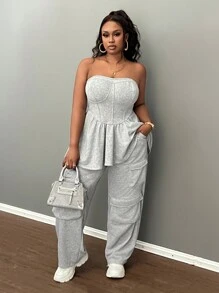 Slaydiva 多口袋大码女式长裤，厚羊毛面料，街头服饰，休闲运动，灰色，秋冬 - 灰色 - 查看 2