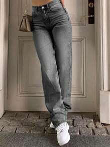 Front Button Pocket Casual Simple Slim Straight Leg Jeans - Grey - View 1